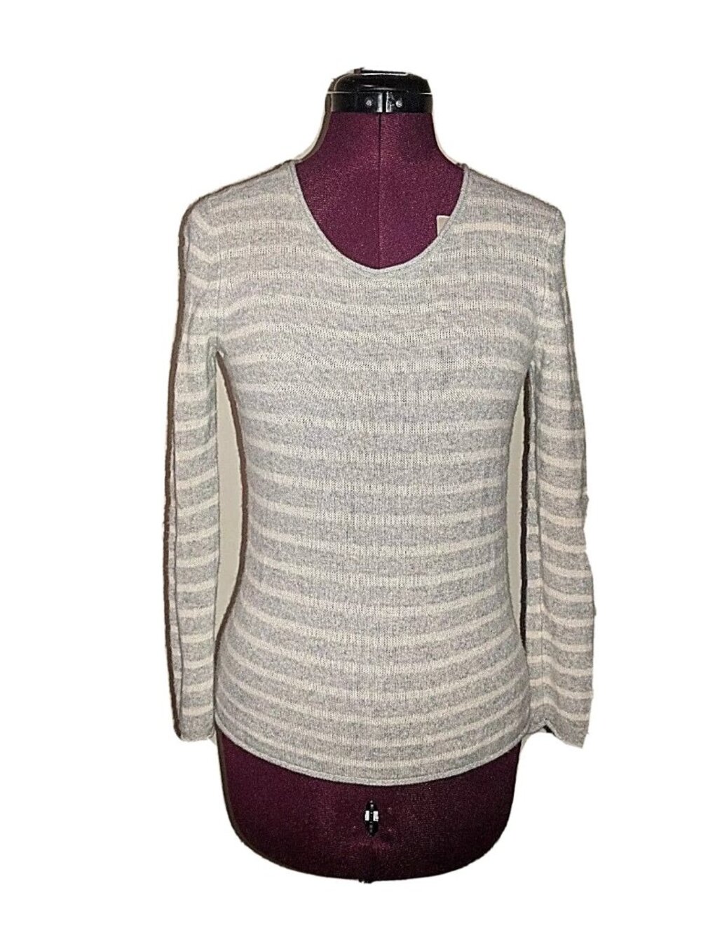 Uniqlo Cashmere Sweater Women’s M Gray White Striped Crew Neck Pullover
